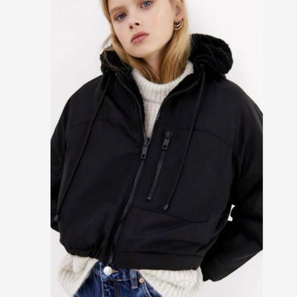 Zara women’s sherpa teddy reversible hooded bomber jacket black size large - Picture 4 of 9